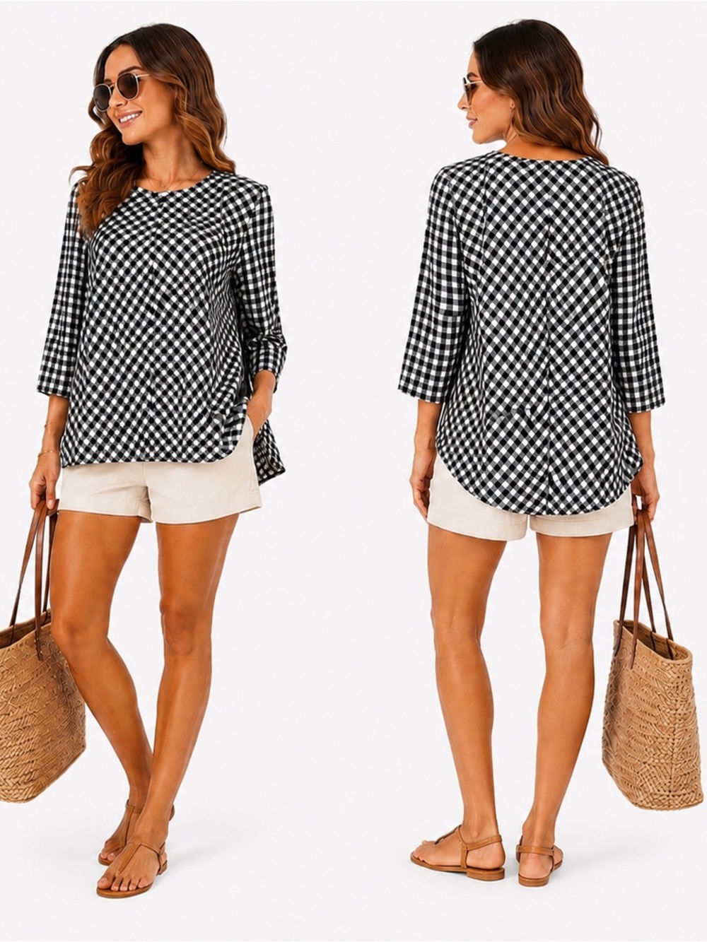NWOT Zara Black & White Gingham Swing Tunic Top 3/4 Sleeve Sz XS